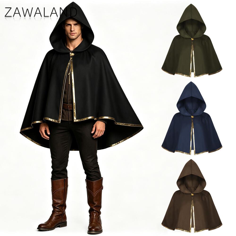 Medieval Men'S Accessories - เสื้อคลุมมีฮู้ดสไตล์ยุคกลางพร้อมขอบสีทองสำหรับผู้ชาย ชุดคอสเพลย์ฮาโลวีนสไตล์โกธิคเรเนซองส์ ชุดแสดงบนเวที