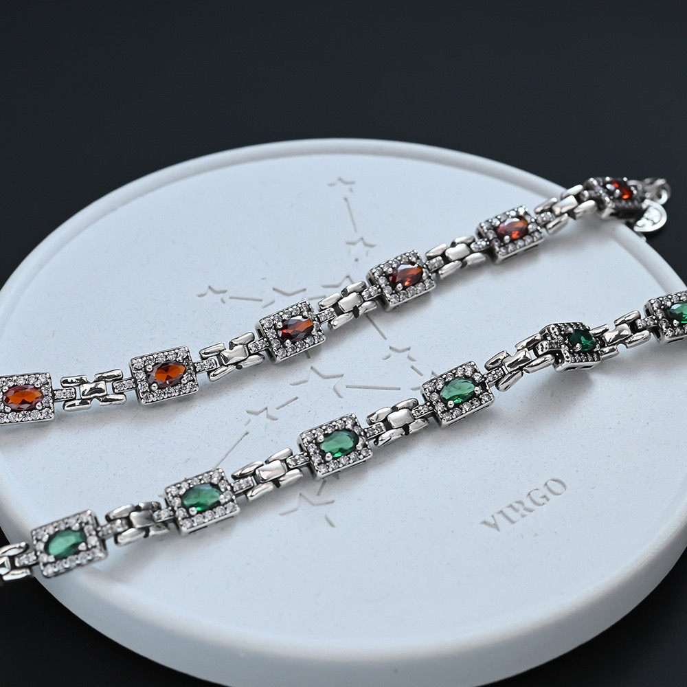 Men'S Accessories Trending - สร้อยข้อมือเงินแท้ 925 สำหรับผู้หญิงผู้ชาย สร้อยเชือกสไตล์วินเทจประดับเพชร CZ สีเขียว