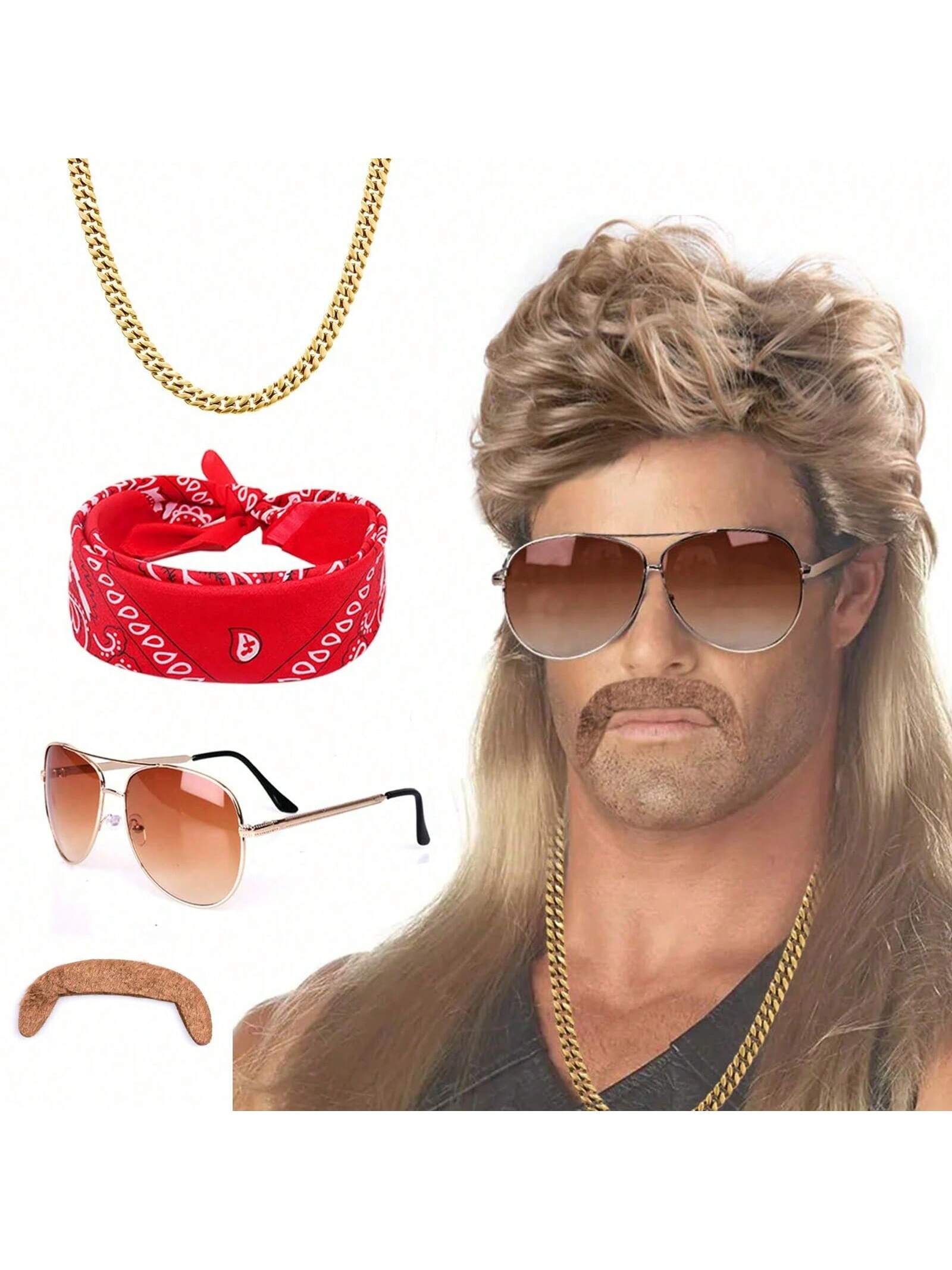 Men'S Accessories In The 90S - Mullet วิกผม 80s 90s ชุดอุปกรณ์เสริมผู้ชาย,สีบลอนด์ผู้ชายความร้อนทนผมสังเคราะห์วิกผมวิกผมแว่นตากันแดดสร้อยคอ Headscarf